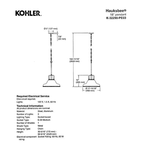 Kohler 32290-PE03 - Hauksbee, 18" Pendant Light Fixture - Polished Chrome