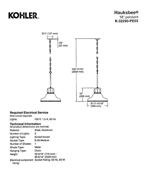 Kohler 32290-PE03 - Hauksbee, 18" Pendant Light Fixture - Polished Chrome