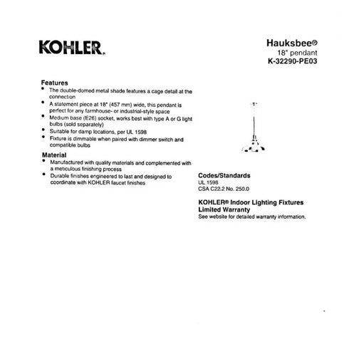 Kohler 32290-PE03 - Hauksbee, 18" Pendant Light Fixture - Polished Chrome