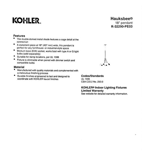 Kohler 32290-PE03 - Hauksbee, 18" Pendant Light Fixture - Polished Chrome