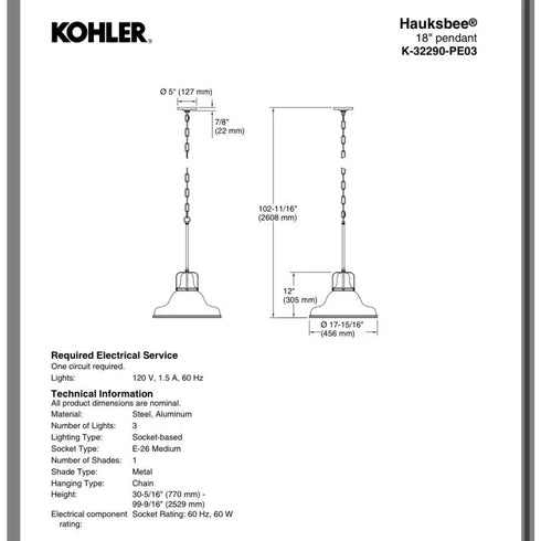 Kohler 32290-PE03 Hauksbee 18"Wide Light Pendant-Matte Black/Brushed Modern Bras