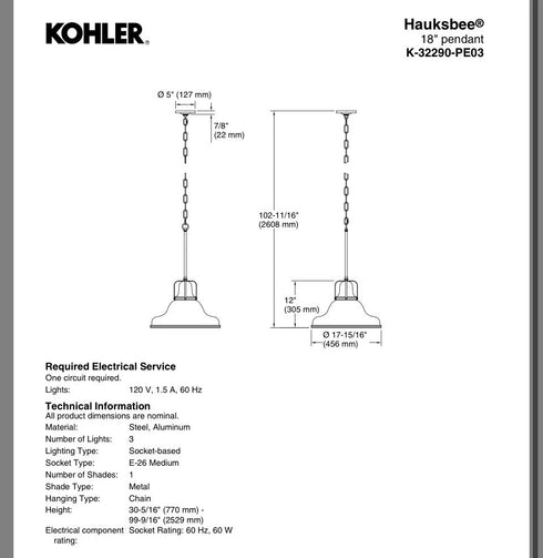 Kohler 32290-PE03 Hauksbee 18"Wide Light Pendant-Matte Black/Brushed Modern Bras