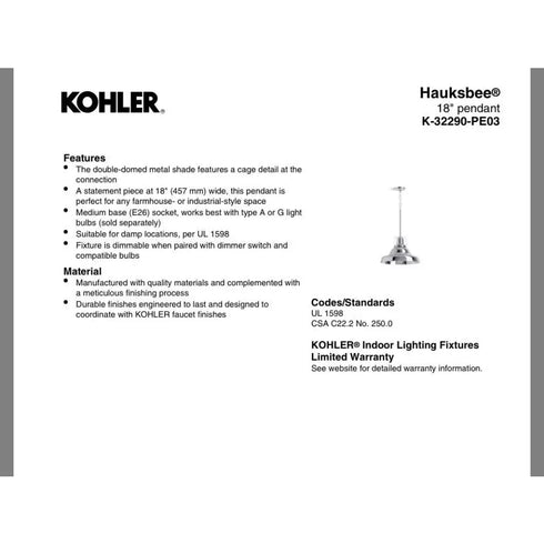 Kohler 32290-PE03 Hauksbee 18"Wide Light Pendant-Matte Black/Brushed Modern Bras