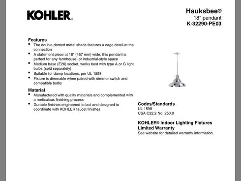 Kohler 32290-PE03 Hauksbee 18"Wide Light Pendant-Matte Black/Brushed Modern Bras