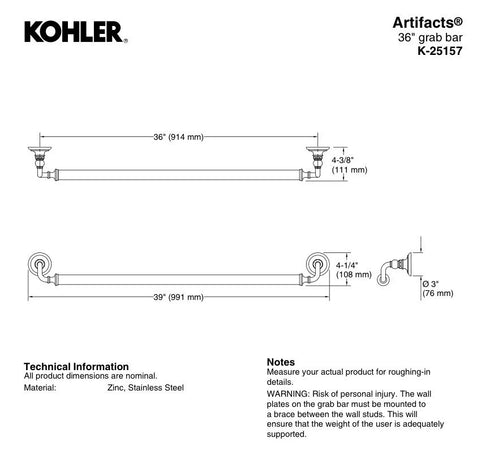 Kohler Artifacts 36" Grab Bar 25157-2BZ OIL RUBBED BRONZE Bathroom Safety