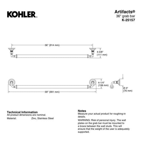 Kohler Artifacts 36" Grab Bar 25157-2BZ OIL RUBBED BRONZE Bathroom Safety