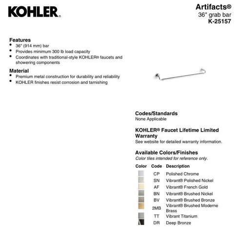 Kohler Artifacts 36" Grab Bar 25157-BN VIBRANT BRUSHED NICKEL Bathroom Safety