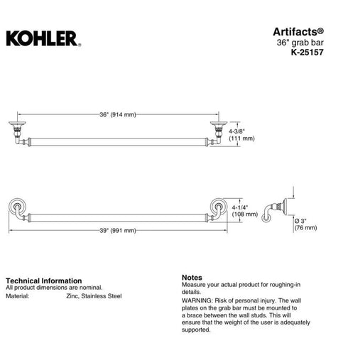 Kohler Artifacts 36" Grab Bar 25157-BN VIBRANT BRUSHED NICKEL Bathroom Safety