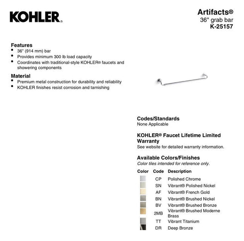 Kohler Artifacts 36" Grab Bar 25157-CP Polished Chrome Bathroom Safety