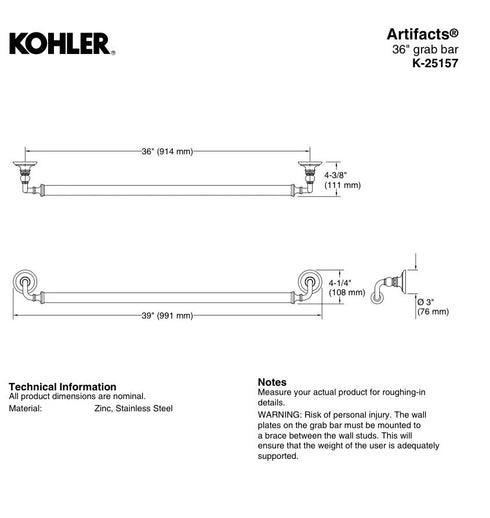 Kohler Artifacts 36" Grab Bar 25157-CP Polished Chrome Bathroom Safety