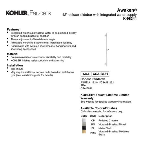 Kohler Awaken Deluxe 36" Slidebar Integrated Water Supply K-98344-2BZ Oil Rubbed