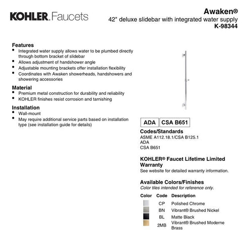 Kohler Awaken Deluxe 36" Slidebar Integrated Water Supply K-98344-2BZ Oil Rubbed