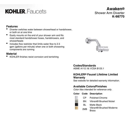 Kohler Awaken Oil Rubbed Bronze Showerarm Diverter 98770-2BZ