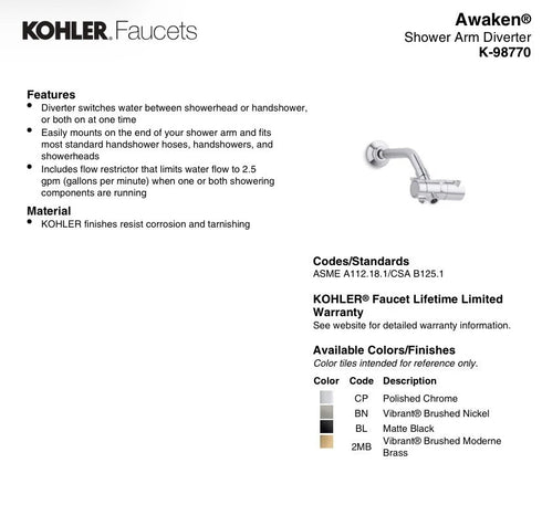 Kohler Awaken Oil Rubbed Bronze Showerarm Diverter 98770-2BZ