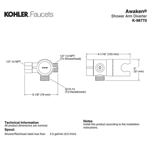 Kohler Awaken Oil Rubbed Bronze Showerarm Diverter 98770-2BZ