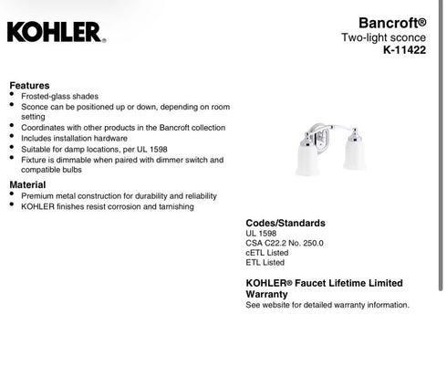 Kohler Bancroft K-11422-BZL 2-Light Wall Sconce Bronze w/ Frosted Glass