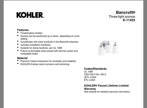 Kohler Bancroft K-11423-BZL 3-Light Wall Sconce Bronze Frosted Glass