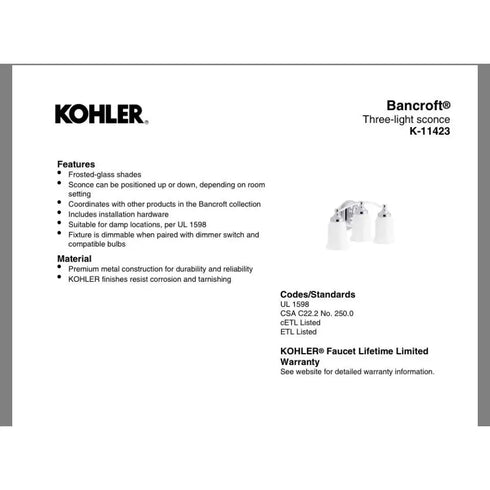 Kohler Bancroft K-11423-BZL 3-Light Wall Sconce Bronze Frosted Glass