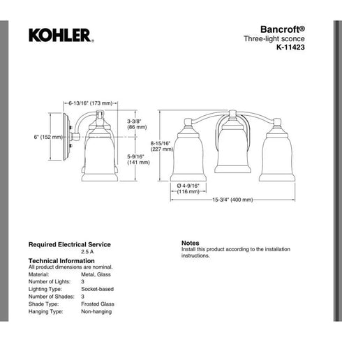 Kohler Bancroft K-11423-BZL 3-Light Wall Sconce Bronze Frosted Glass