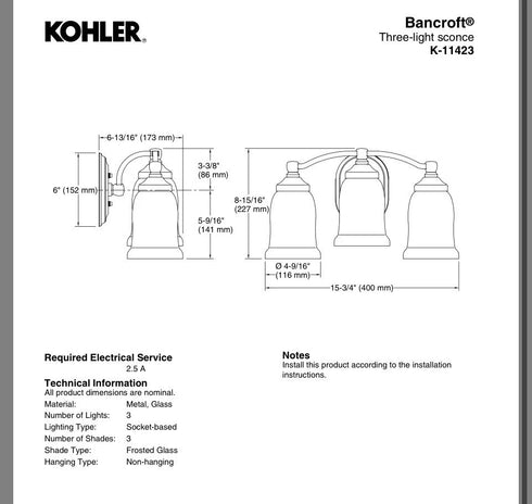 Kohler Bancroft K-11423-CPL 3-Light Wall Sconce Polished Chrome Frosted Glass
