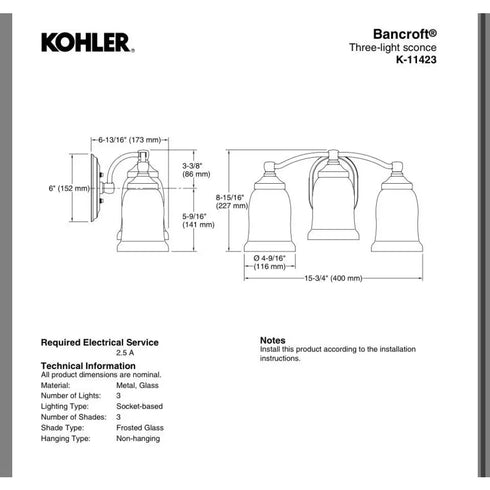 Kohler Bancroft K-11423-CPL 3-Light Wall Sconce Polished Chrome Frosted Glass