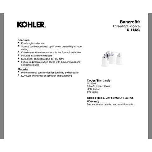 Kohler Bancroft K-11423-CPL 3-Light Wall Sconce Polished Chrome Frosted Glass