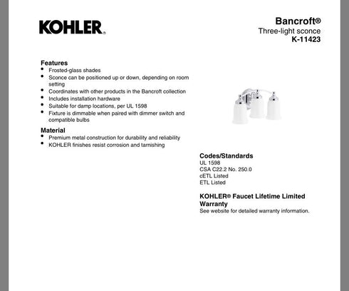 Kohler Bancroft K-11423-CPL 3-Light Wall Sconce Polished Chrome Frosted Glass