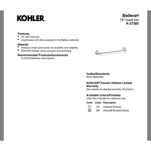 Kohler Bellera K-27383-2BZ Single Towel Bar Oil-Rubbed Bronze Bathroom