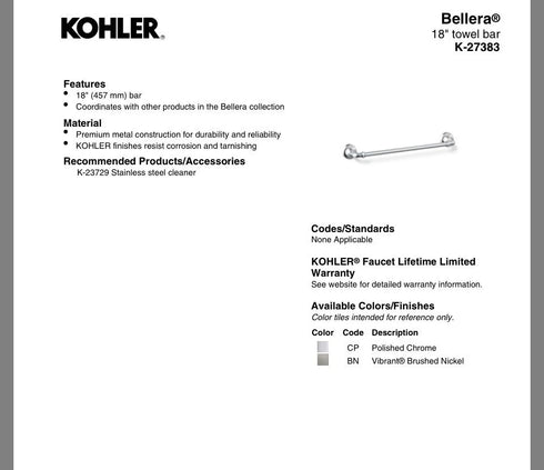 Kohler Bellera K-27383-2BZ Single Towel Bar Oil-Rubbed Bronze Bathroom