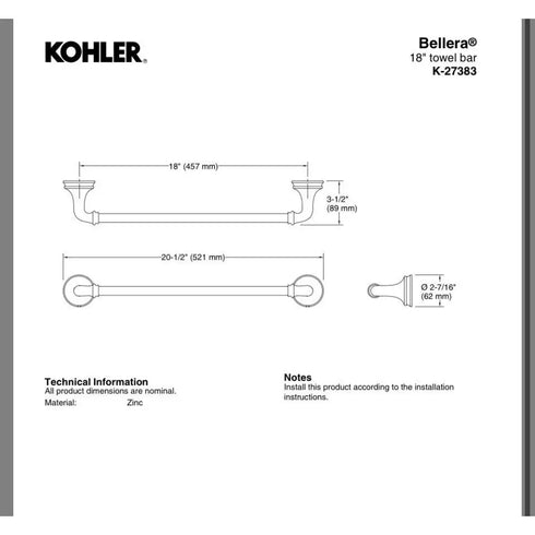 Kohler Bellera K-27383-2BZ Single Towel Bar Oil-Rubbed Bronze Bathroom