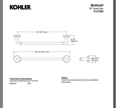Kohler Bellera K-27383-2BZ Single Towel Bar Oil-Rubbed Bronze Bathroom