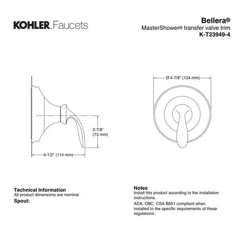 Kohler Bellera MasterShower Transfer Valve Trim K-T23949-4-2BZ ORB