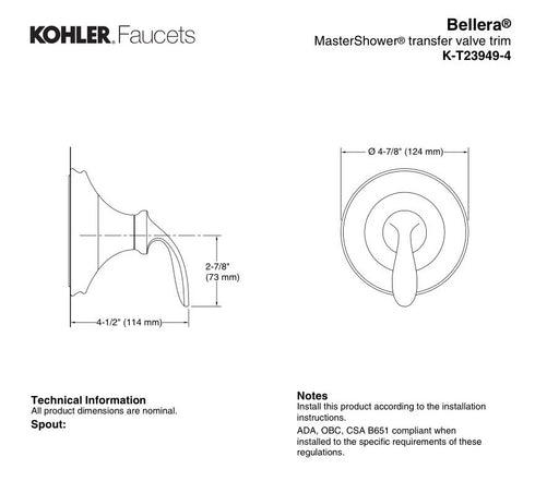 Kohler Bellera MasterShower Transfer Valve Trim K-T23949-4-2BZ ORB