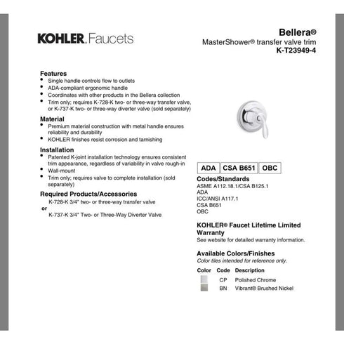 Kohler Bellera MasterShower Transfer Valve Trim K-T23949-4-2BZ ORB