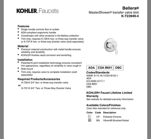 Kohler Bellera MasterShower Transfer Valve Trim K-T23949-4-2BZ ORB