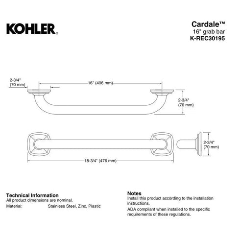 Kohler Cardale 16" Grab Bar REC30195-2BZ Oil Rubbed Bronze Bathroom
