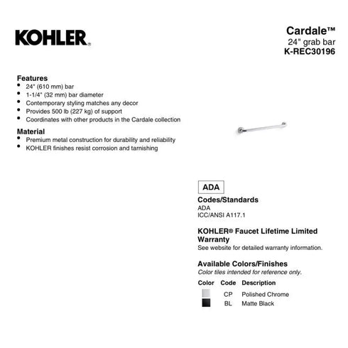Kohler Cardale 24" Grab Bar REC30196-2BZ Oil Rubbed Bronze Bathroom