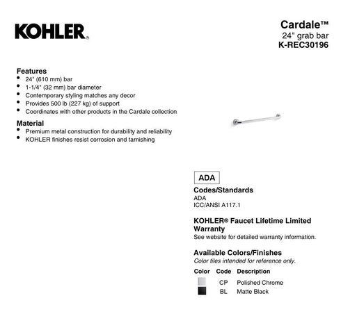 Kohler Cardale 24" Grab Bar REC30196-2BZ Oil Rubbed Bronze Bathroom