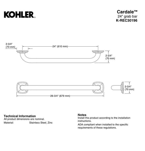 Kohler Cardale 24" Grab Bar REC30196-2BZ Oil Rubbed Bronze Bathroom