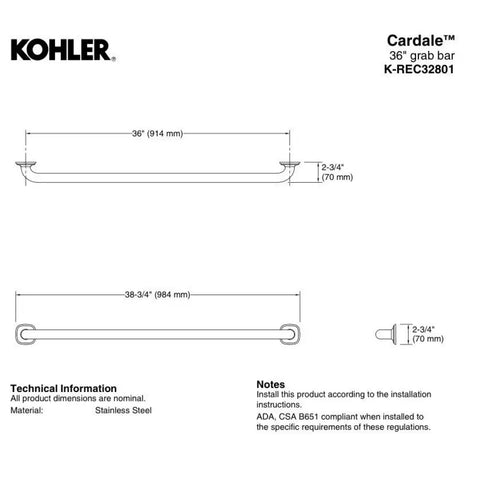 Kohler Cardale 36" Grab Bar REC32801-2BZ Oil Rubbed Bronze Bathroom