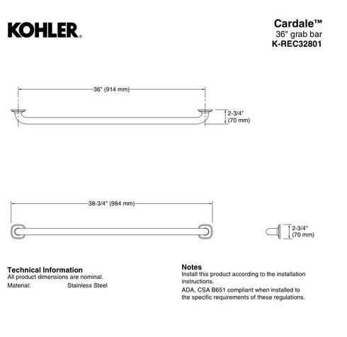 Kohler Cardale 36" Grab Bar REC32801-2BZ Oil Rubbed Bronze Bathroom