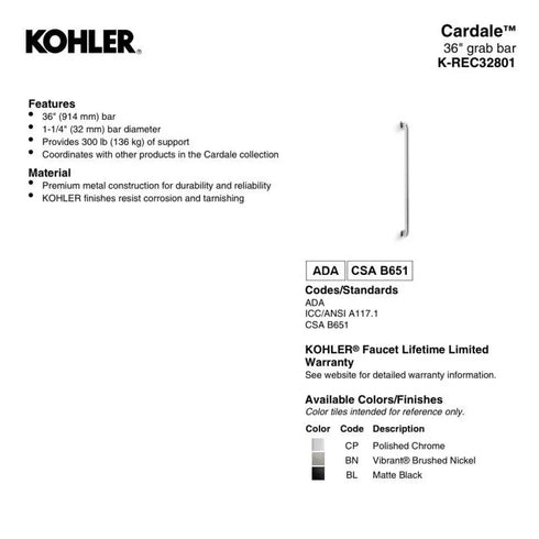 Kohler Cardale 36" Grab Bar REC32801-2BZ Oil Rubbed Bronze Bathroom
