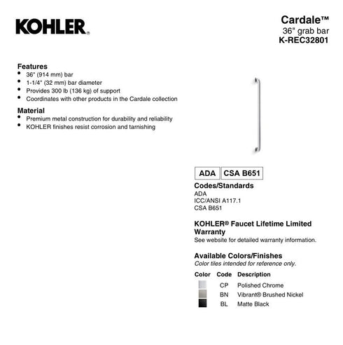 Kohler Cardale 36" Grab Bar REC32801-2BZ Oil Rubbed Bronze Bathroom