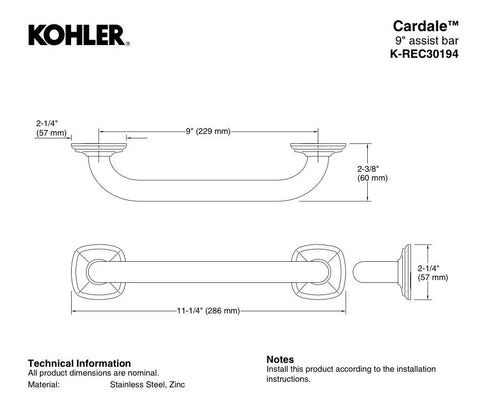 Kohler Cardale 9" Assist Grab Bar REC30194-2BZ Oil Rubbed Bronze