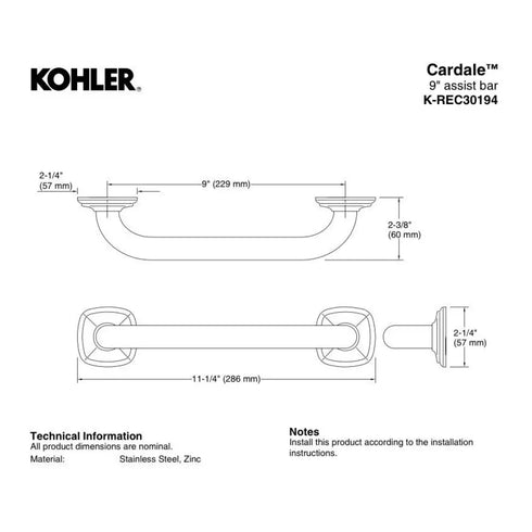 Kohler Cardale 9" Assist Grab Bar REC30194-2BZ Oil Rubbed Bronze