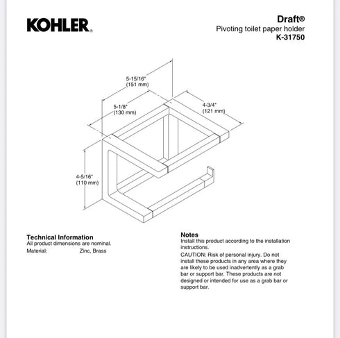Kohler Draft Toilet Tissue Paper Holder 31750-RGD Vibrant Polished Rose Gold NIB