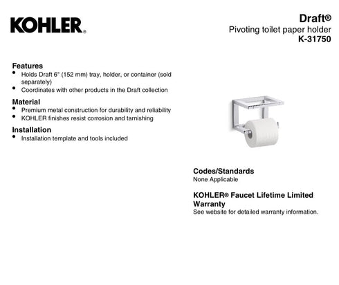 Kohler Draft Toilet Tissue Paper Holder 31750-RGD Vibrant Polished Rose Gold NIB