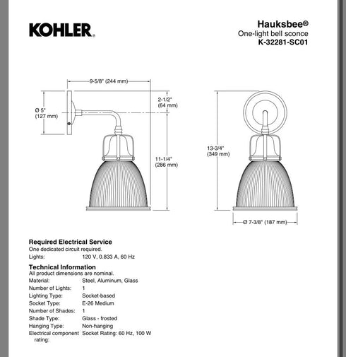 Kohler Hauksbee 1-Light Bell Wall Sconce 2GL Brushed Modern Brass 32281-SC01-2GL