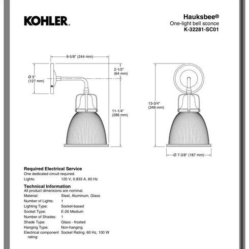 Kohler Hauksbee 1-Light Bell Wall Sconce 2GL Brushed Modern Brass 32281-SC01-2GL