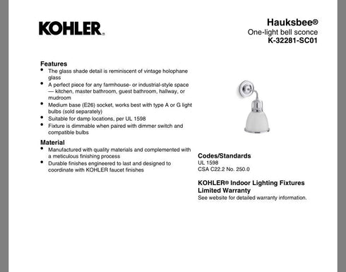 Kohler Hauksbee 1-Light Bell Wall Sconce 2GL Brushed Modern Brass 32281-SC01-2GL
